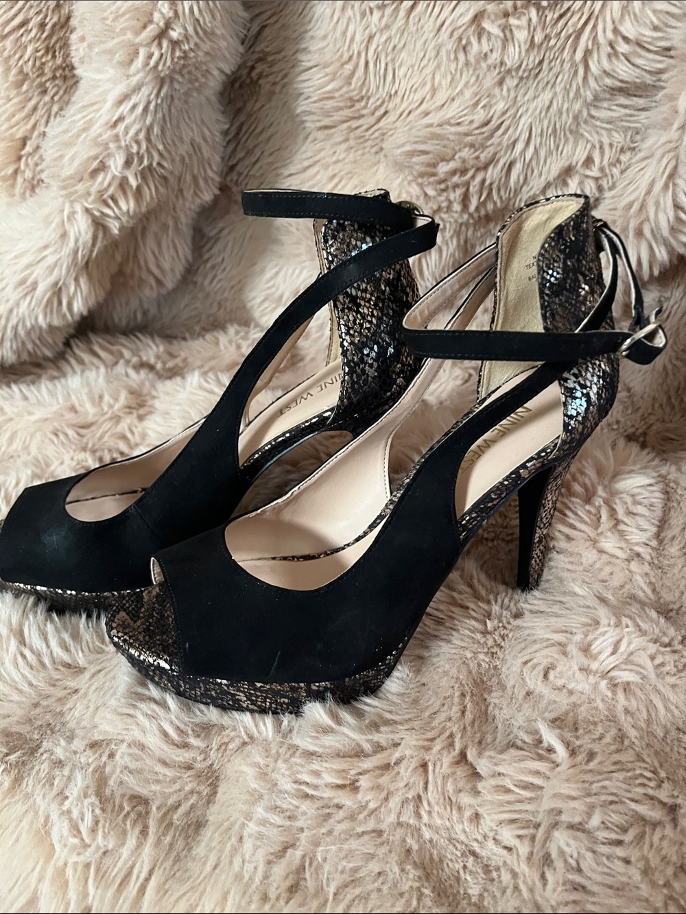 Nine West Black Suede Peep-Toe Heels with Snake-Print Accents